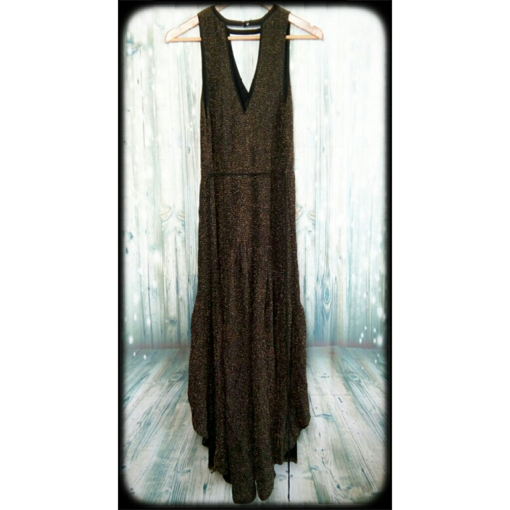 UO Ecote high low halter blk & gold dress small - Picture 2 of 8